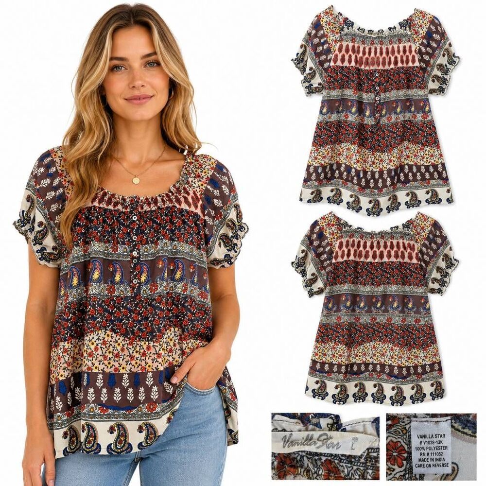 Vanilla Star L Patchwork Paisley Boho Babydoll Top